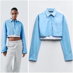 ZARA GABARDINE CROP SHIRT BLUISH